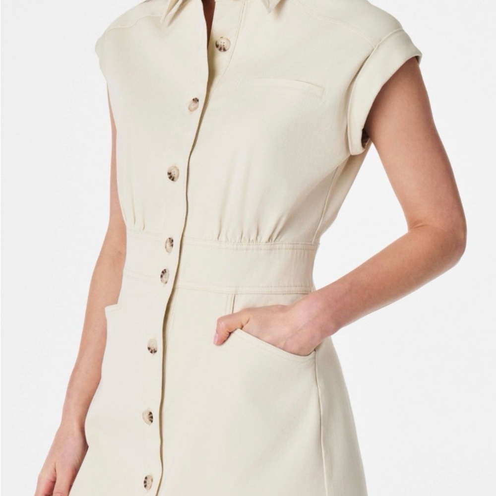 Spanx Stretch Utlity Twill Button-Up Short Sleeve Stretch Cream Mini Dress - Picture 2 of 7